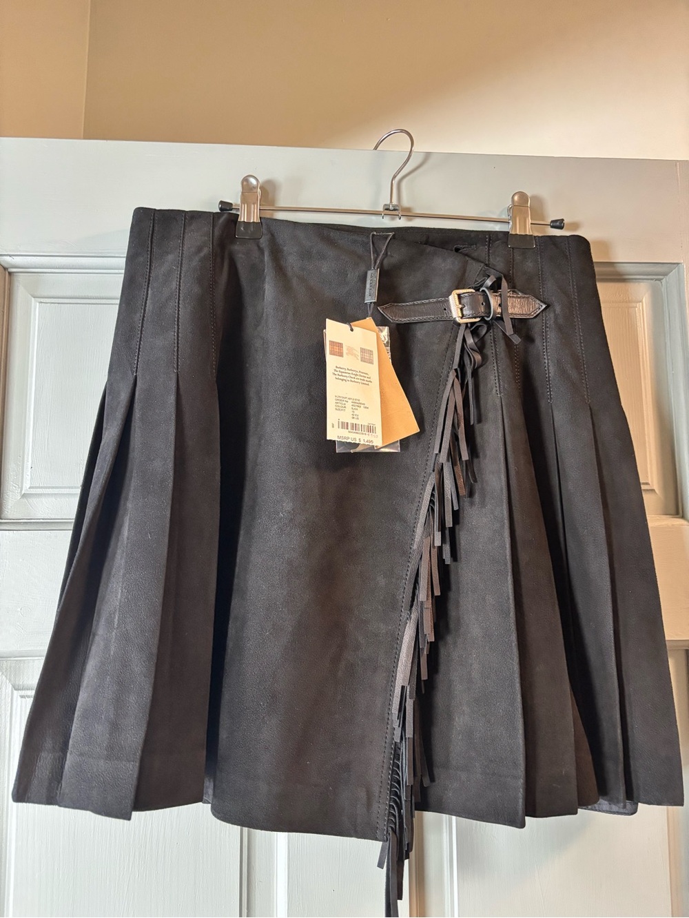 Burberry Black Suede Fringe Pleated Skater Skirt with Buckle Accent